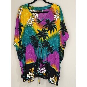 Aloha Fashion Hawaiian Print Kaftan Top Rayon Drawstring OS Tropical Tunic